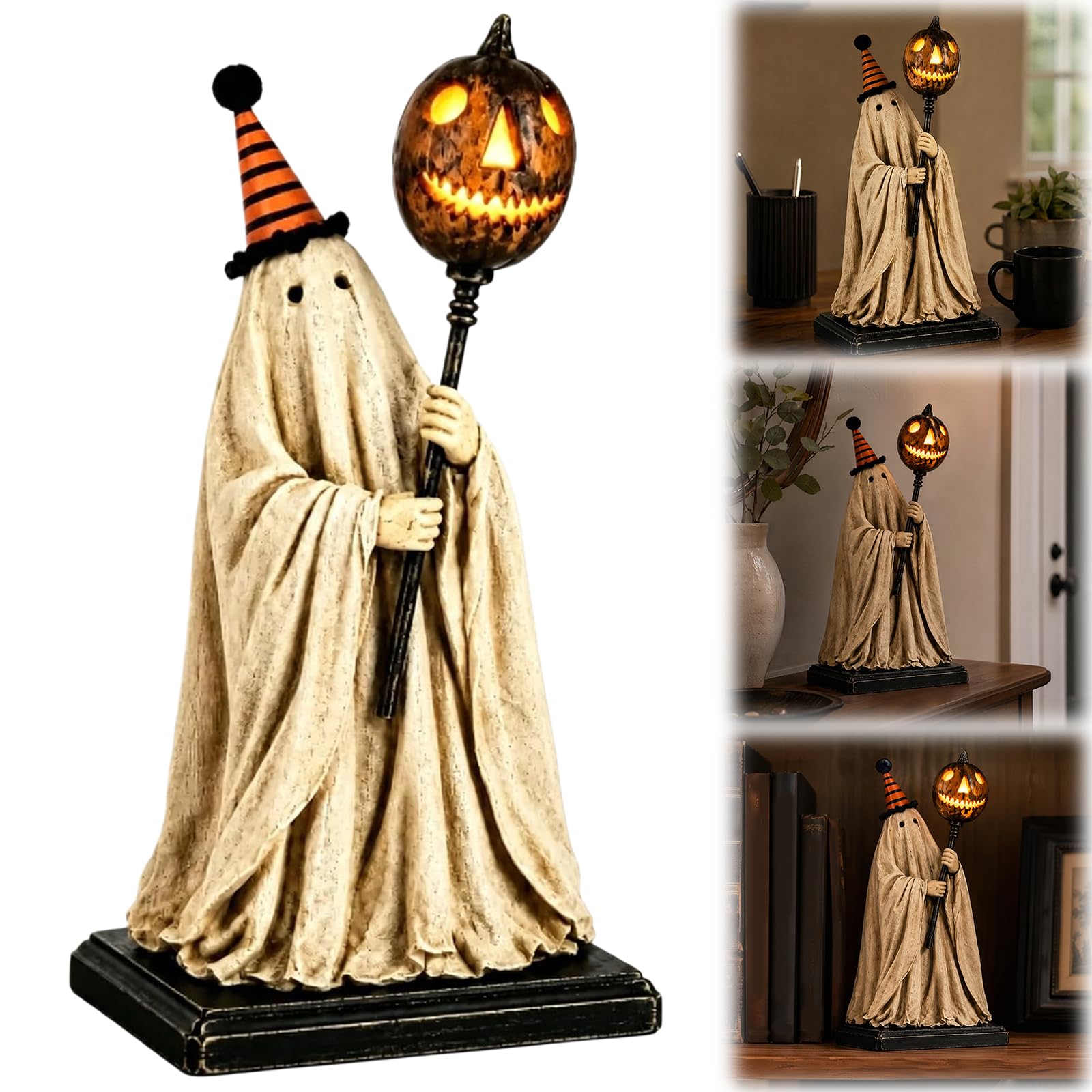 Vintage Halloween Lighted Ghost Figurine with Pumpkin Staff