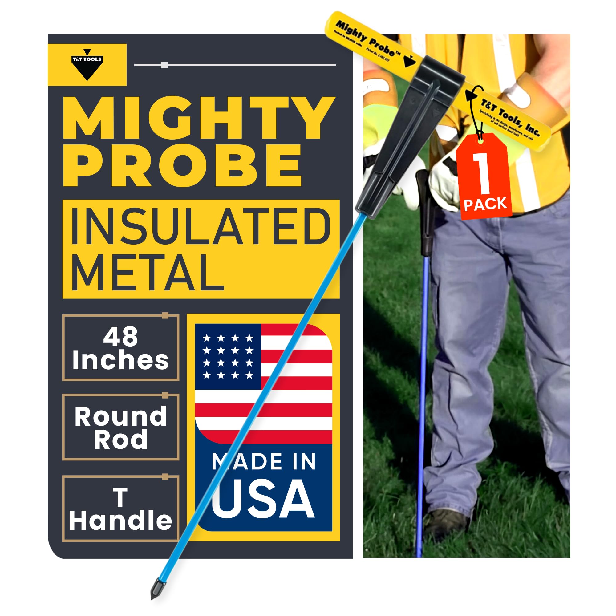 T&T Tools 48-Inch Mighty Probe Insulated Metal Soil Probe – 3/8" Metal Round Rod, Heavy Duty Design for Easy Penetration & Withdrawal, Soil Testing & Landscaping Tools, T-Handle, USA-Made-1 Pack