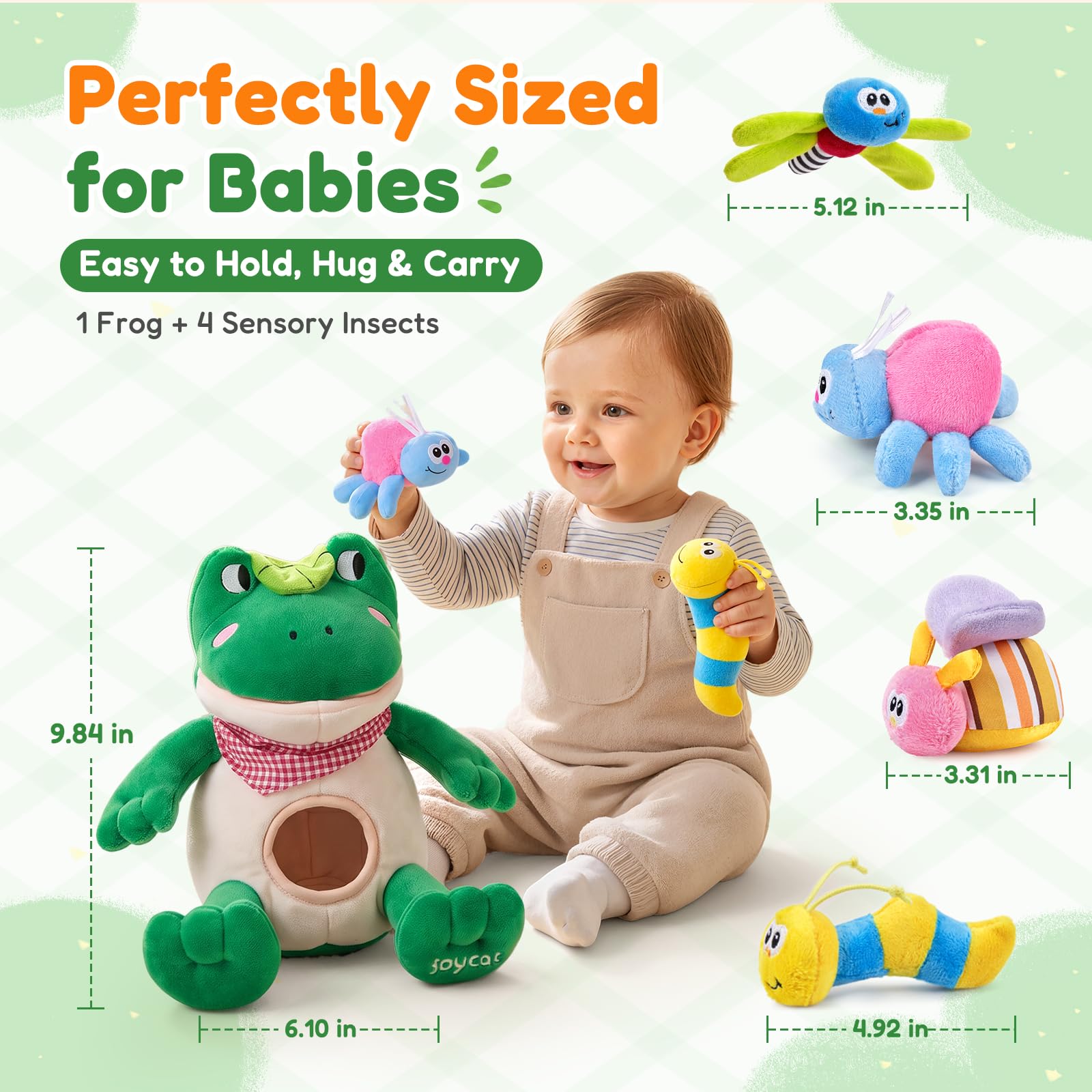 JoyCat Jouets pour Bébés 3 à 18 Mois - Jouet Montessori Grenouille avec 4 Insectes sensoriels, Hochet, Papier Froissé, Couineur et Miroir Bébé - Jouets Montessori pour Enfant 6 7 8 9 10 Mois, Cadeau