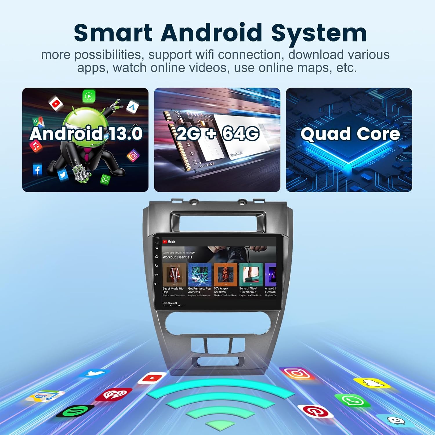 2G+64G Car Radio Stereo for Ford Fusion Mondeo Mustang 2009-2012 Wireless CarPlay Android Auto, 10.1 Inch 1280 * 720P IPS Touch Scree Android 13 GPS WiFi DSP Bluetooth HD Rear Camera