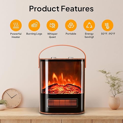 Miniatura 2 de ROVSUN Estufa de chimenea eléctrica de 1500W con efecto de llama realista, mini calentador de mesa portátil independiente de 16 pulgadas de alto con