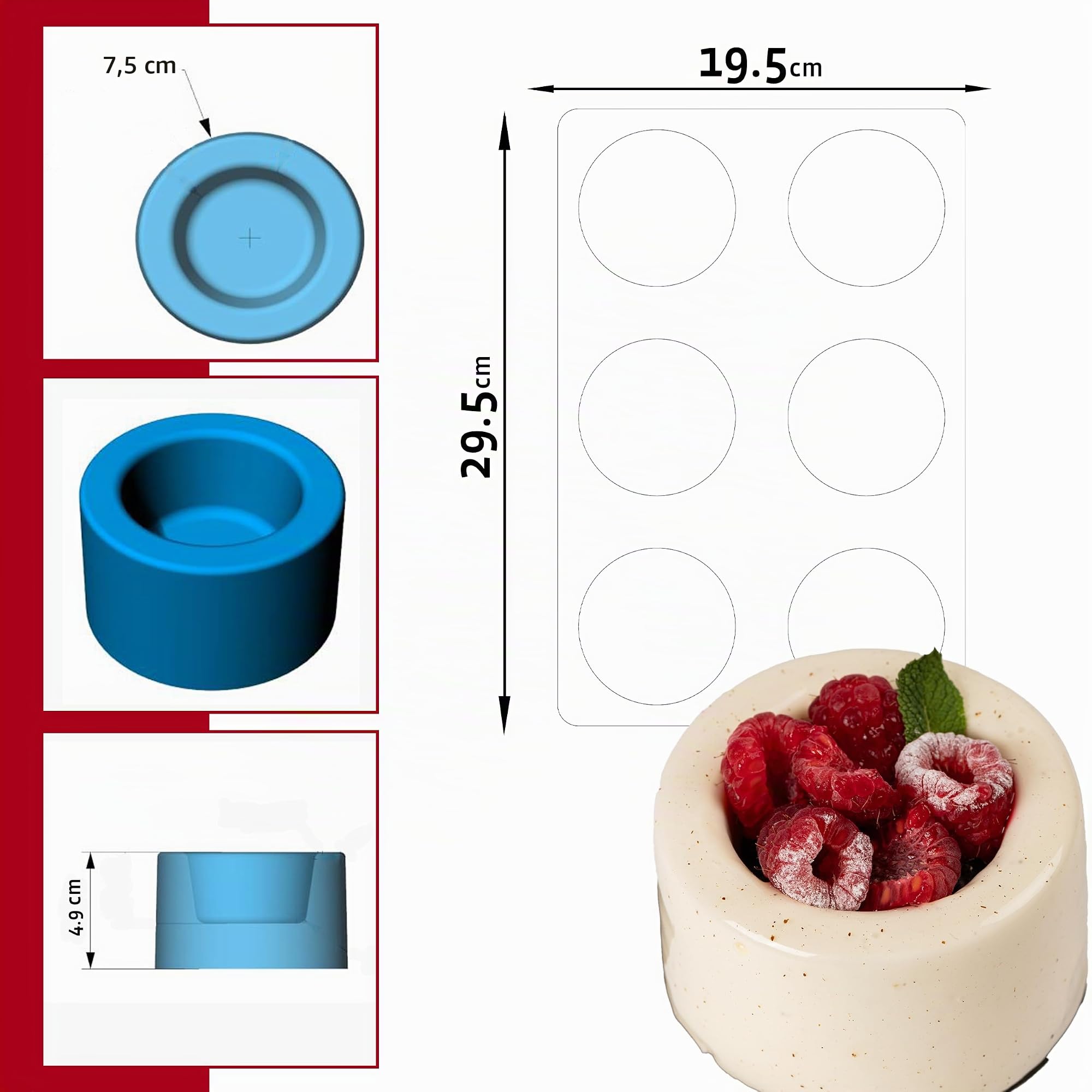 Maé - Moule Savarin avec Puits 6 Alvéoles Ø75X45mm - Silicone Alimentaire Premium Anti-Adhérent - Souple, Démoulage Facile & Net - Convient -45°C/+280°C - 160ml