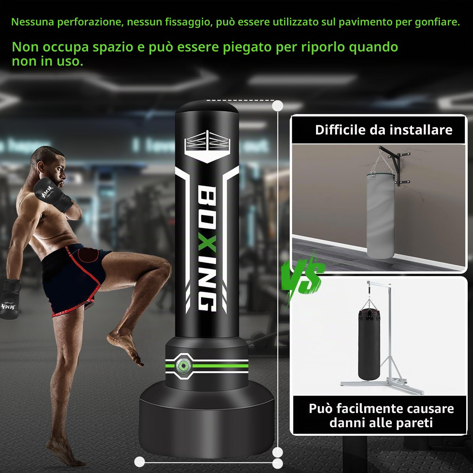Sacco da boxe 2 in 1 per adulti, 180 cm autogonfiante, pesante, con guantoni da boxe e pompa ad aria integrata, per allenamento MMA, Muay Thai, fitness, principianti