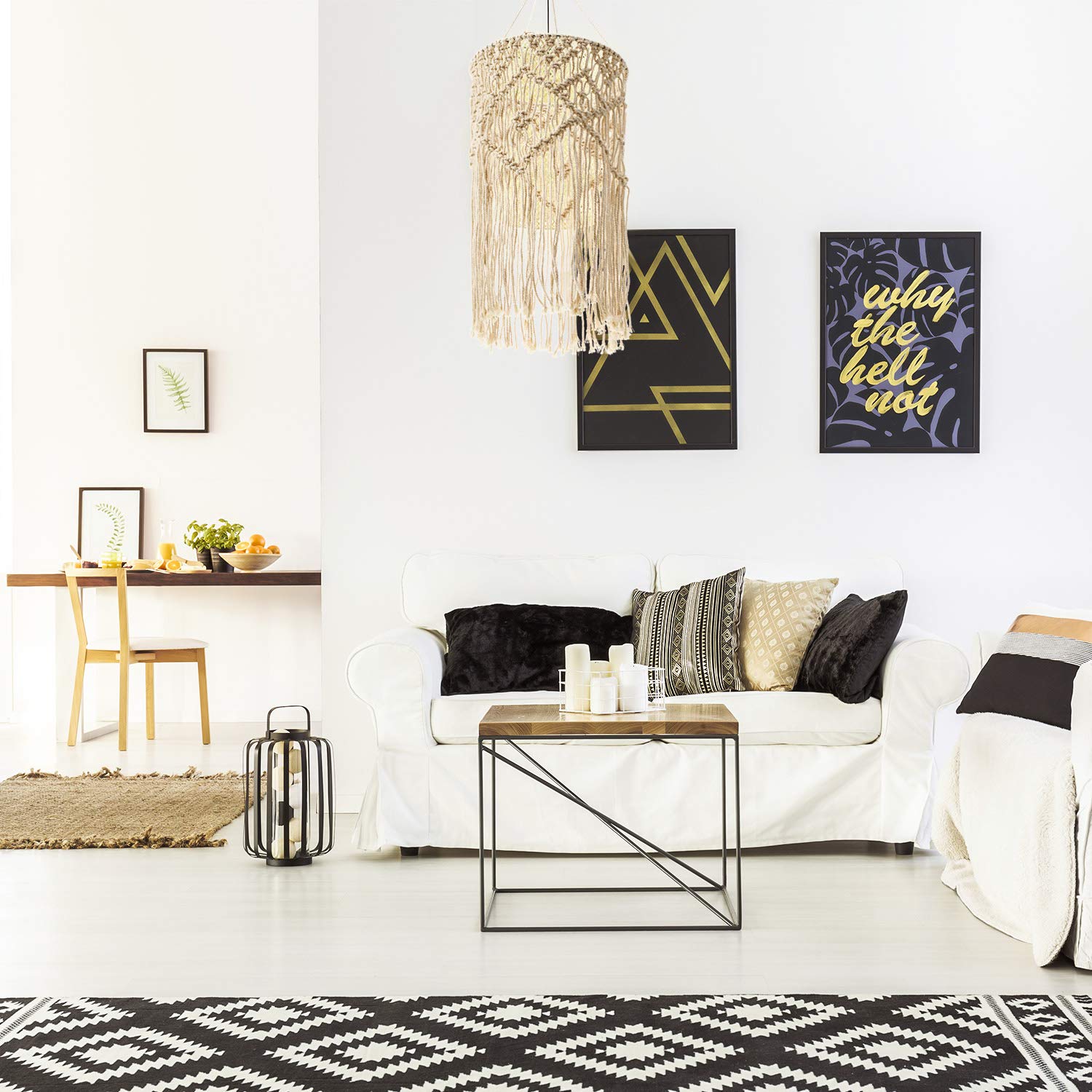 Lámpara colgante bohemia de macramé, cubierta de luz para decoración de techo para sala de estar, dormitorio y baño, color blanco cálido, bombilla no incluida 5