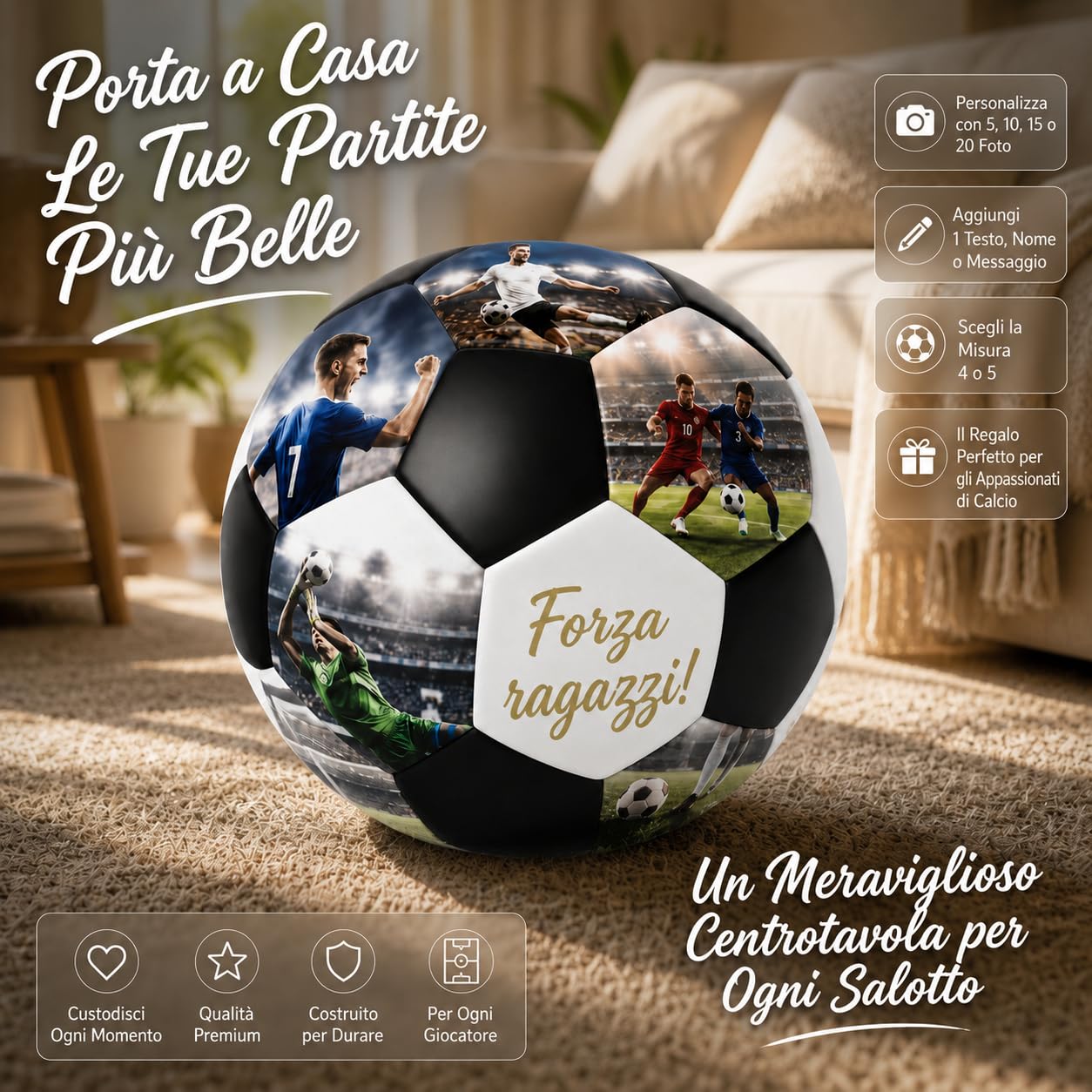 VEELU Pallone da Calcio Personalizzato con Foto e Testo, Pallone Calcio personalizzato con 5/10/15/20 Foto, Misura 4 o 5 in PVC, Regalo Personalizzato per Figlio, Allenatore e Tifosi di Calcio