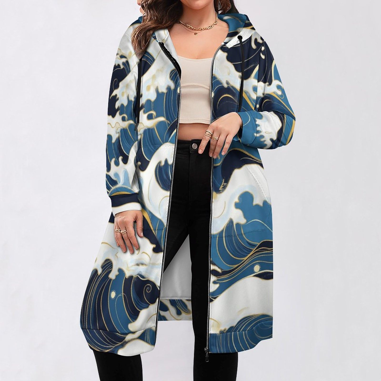 Felpa Donna con Zip Felpe Sportiva con Tasche E Cappuccio Motivo A Onde Morbida Invernale Giacca Regolabile Confortevole per Uso Quotidiano Casual