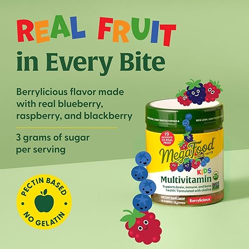 Vista 4 de MegaFood Kids Multivitamin Gummies - Kids Vitamins - Age 4+ with Vitamin C, Vitamin D, Zinc, Choline, and Real Fruit - Brain & Immune Support