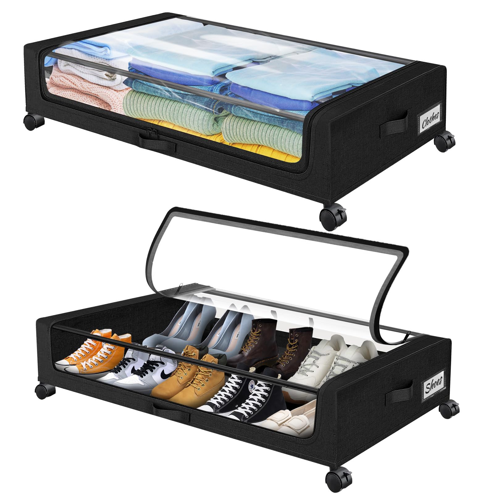 oylik 2 Pack Under Bed Storage with Wheels, Under Bed Shoe Storage Larger Capacity with PVC Clear Window & Label, Under the Bed Storage Containers for Shoe Clothes Toy Book(Black)