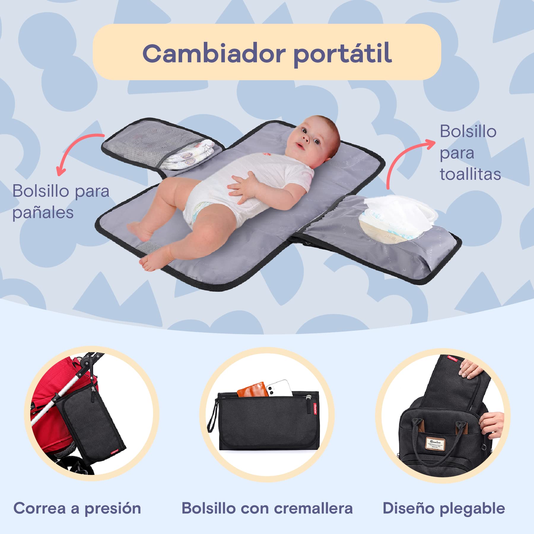 RUVALINO Mochila para Pañales, Bolso Cambiador Bebé con Esterilla Portátil, Portachupetes y Correas para el Cochecito, Bolso de Viaje Impermeable Multifuncional para Mamá y Papá
