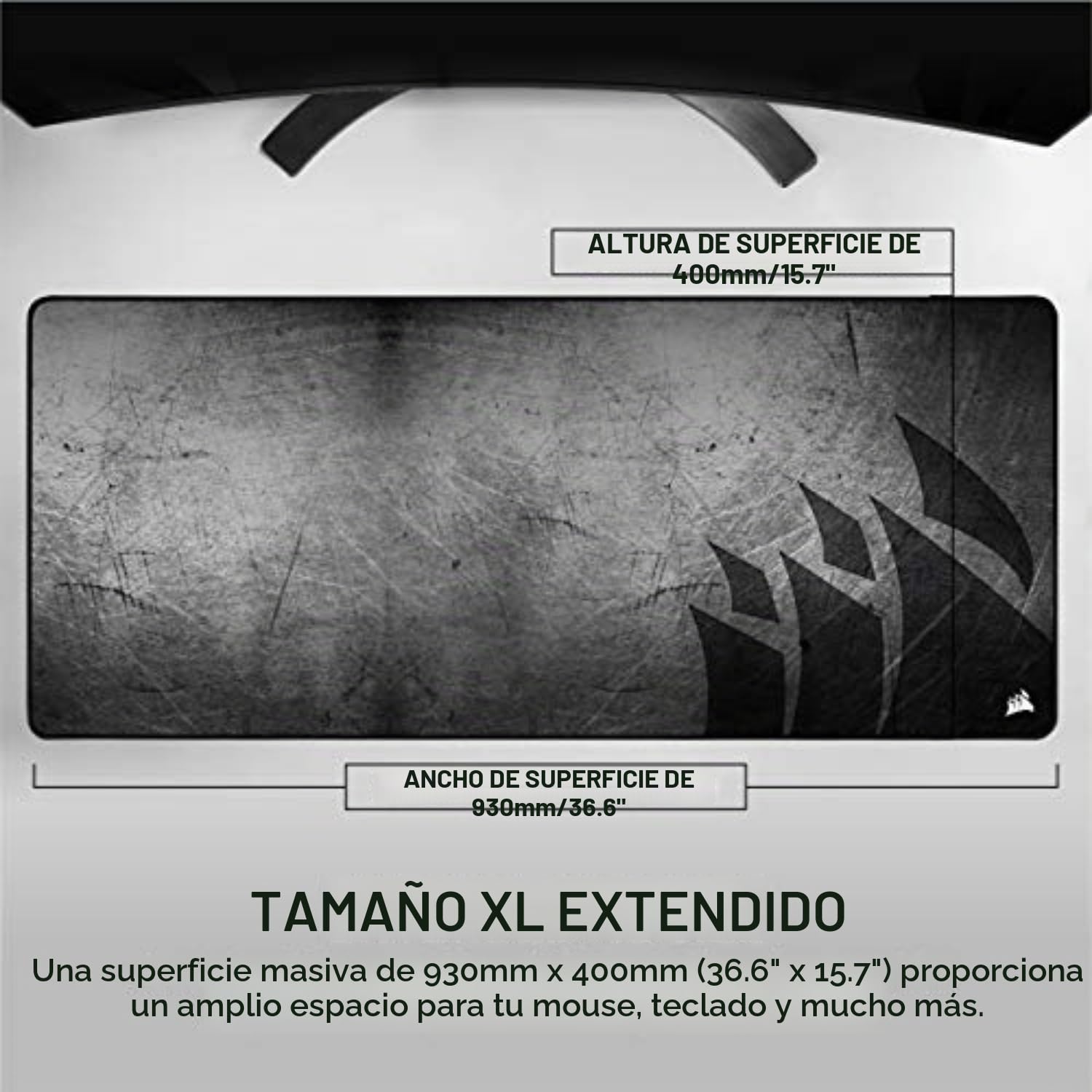 Corsair MM350 PRO Alfombrilla Tela a Prueba de Derrames para Juegos, Superficie 93 cm x 40 cm, Microtejido, Goma Afelpada gruesa 4 mm, Base Goma Texturizada Antideslizante, Negro/Gris, Extendido XL