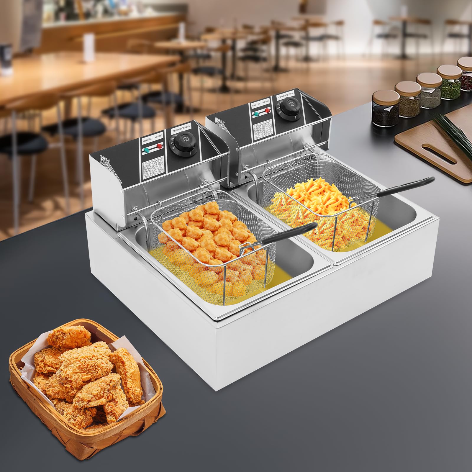Freidora eléctrica de 2,5 kW de acero inoxidable, doble freidora de 6 l + 6 l, con 2 cestas para freír y 2 tapas, para cocina, restaurante, cafeterías y aperitivos