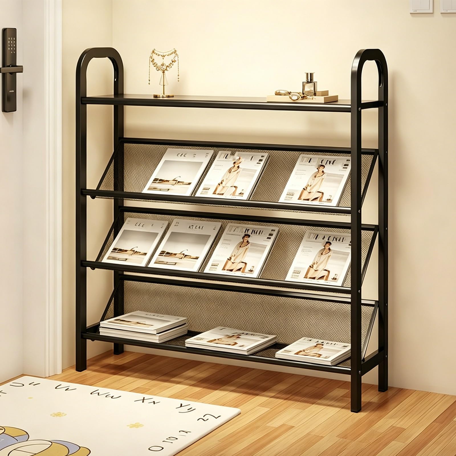 Revistero de acero al carbono resistente de 4 niveles, soporte de metal para folletos para oficina y sala de estar, elegante organizador de almacenamiento negro (35.4 pulgadas), diseño duradero y que