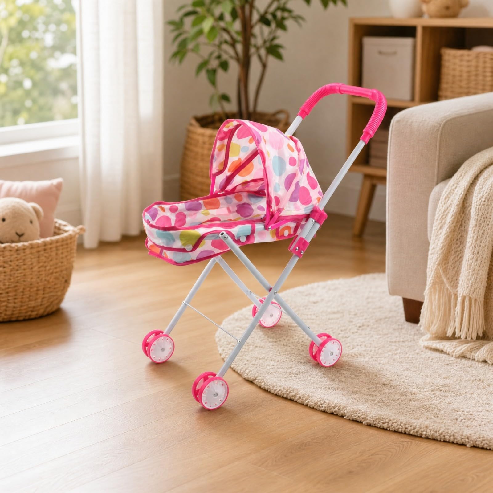 harayaa Carrozzina Giocattolo con Cappottina Leggero Carrozzina Giocattolo a Ruote Multiple per Cura delle Bambole, attività Indoor, Stile B