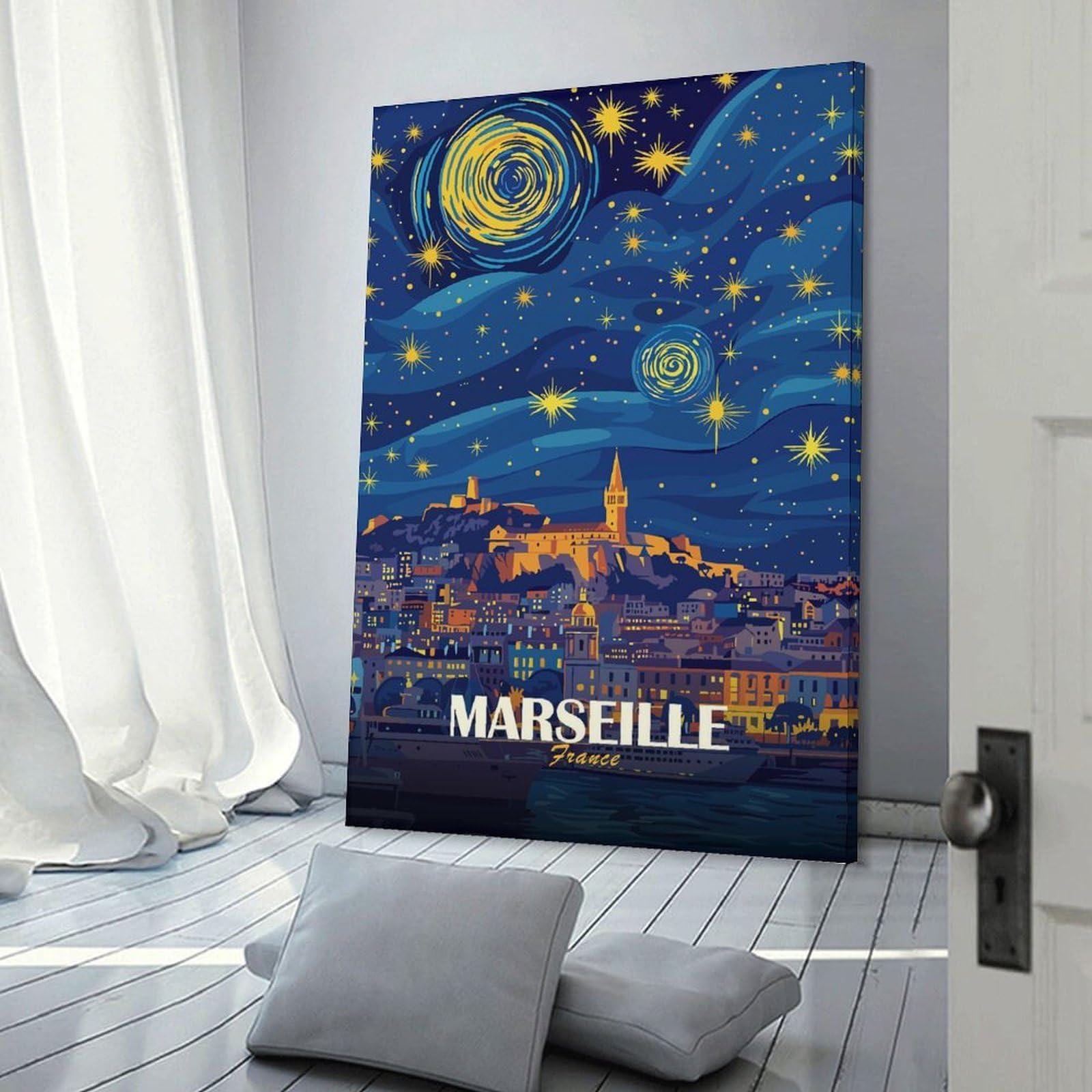 Junmoney Frame-Style-20 Marseille France Nightscape Art Home Decor Wall Art, 20X30inch(50X75cm), For Bedroom, Lounge Or Dressing Area, Canvas Wall Decor For Personal Spaces