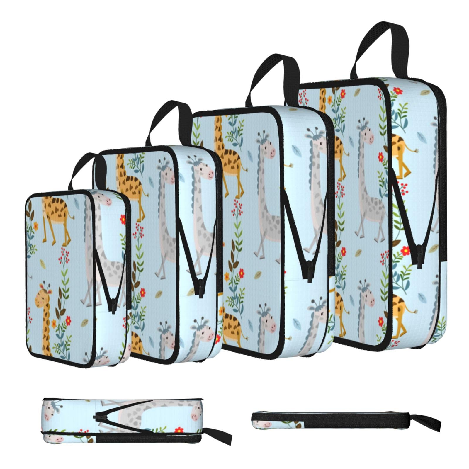 Cute Giraffe Flowers Print 4 Set Compression Packing Cubes For Suitcases,Expandable Storage Bags Organizers