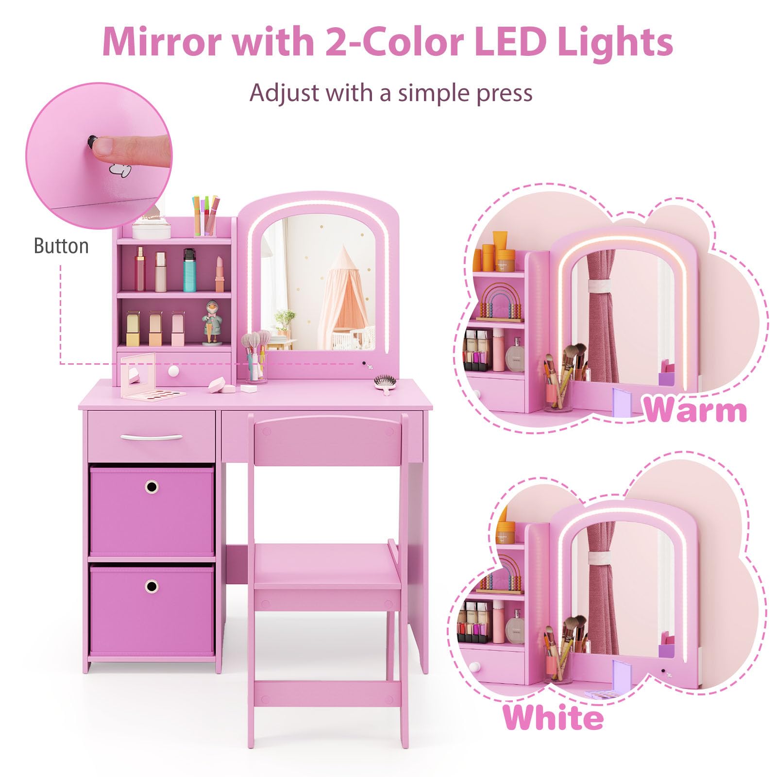 LIFEZEAL Specchiera Trucco Bambina, Specchio con Luci a 2 Colori, Toeletta Trucco Bambina, con Sedia, Postazione, con Cassetti e Scaffali, Tavolo per Bimbi 3 Anni + (rosa)