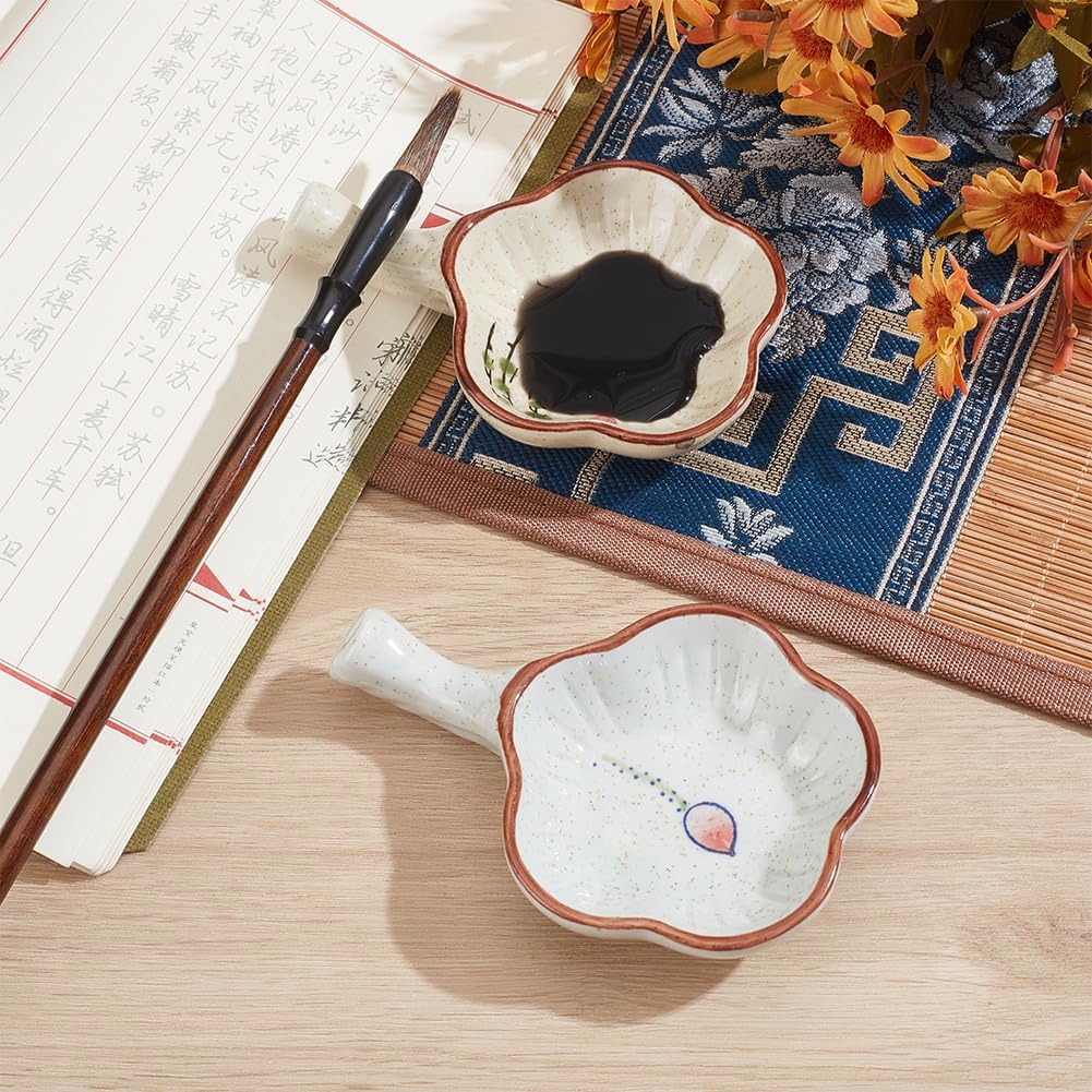 PH PandaHall 2 Styles Flower Ceramic Ink Plate Porcelain Ink Dish with Handle Multifunctional Inkwell Dish Calligraphy Brush Rest Holder for Writings Chinese Calligraphy Japanese Painting Practice