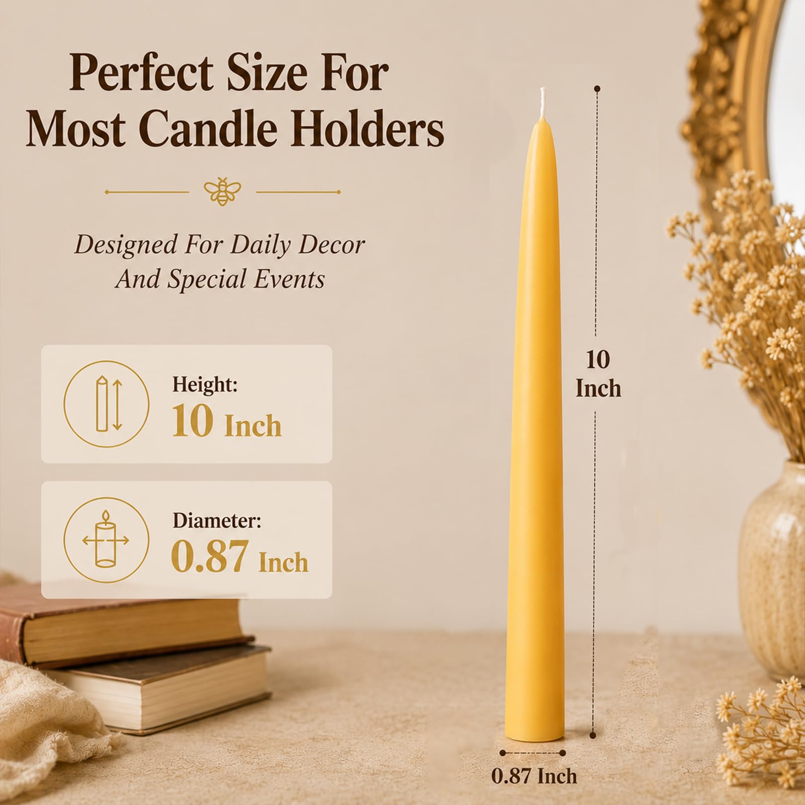 12 velas cónicas de cera de abeja natural de 10 pulgadas, velas de cera de abeja sin humo y sin goteo, 10 horas de tiempo de combustión, candelabros de cera de abeja para decoración del