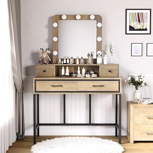 RoyalCraft Escritorio de tocador con espejo Hollywood iluminado regulable de 3 colores, juego de mesa de tocador de maquillaje con 4 cajones,