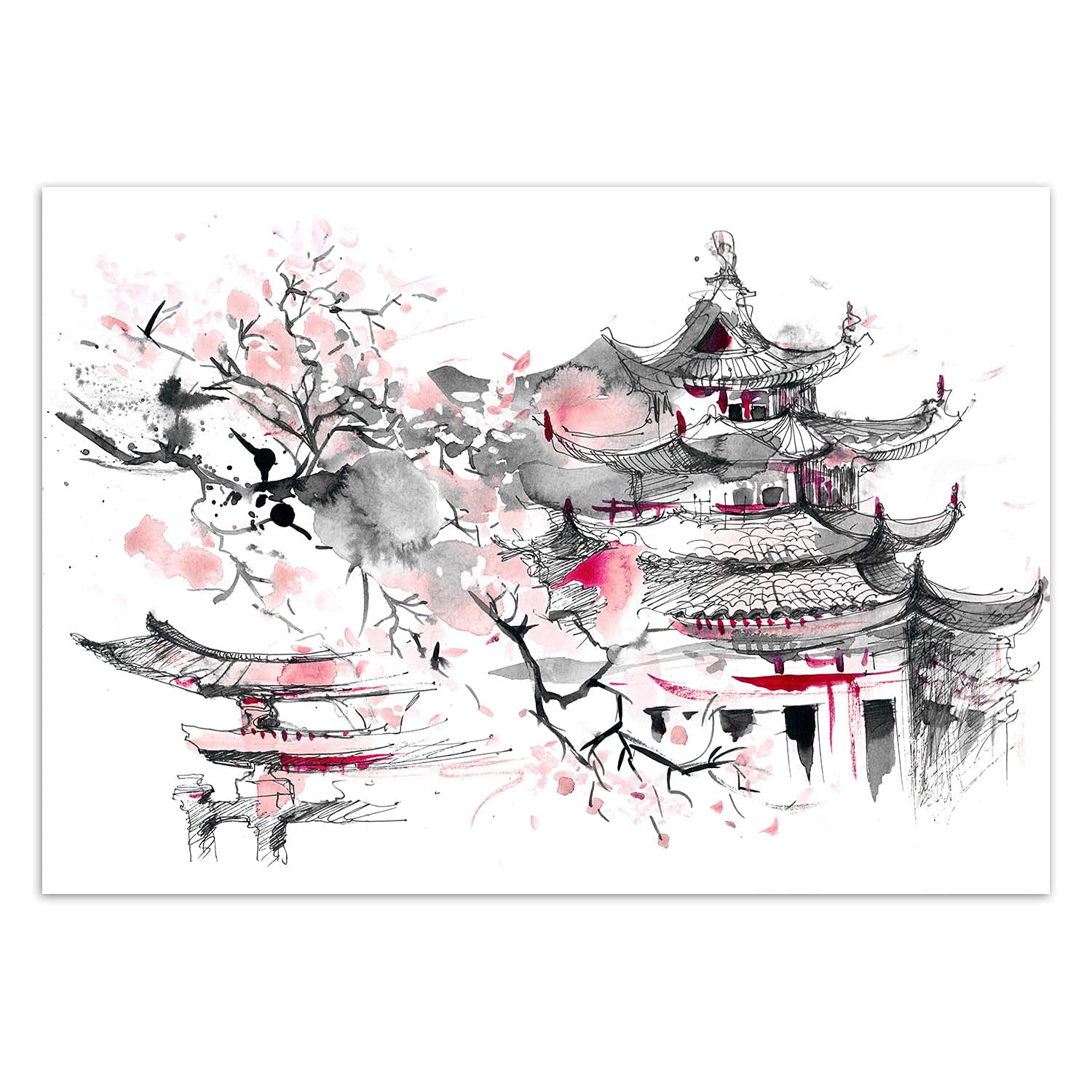 Feeby Photo Murale Intisse Japon Aquarelle 350x245 cm rose Déco Murale Tableaux Muraux À La Maison Chambre à Coucher, Salon, Chambre D'amis Pagode Fleur De Cerisier