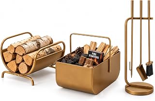 3-Piece Fireplace Set, Heavy-Duty Log Rack, Bucket and Tool Stand