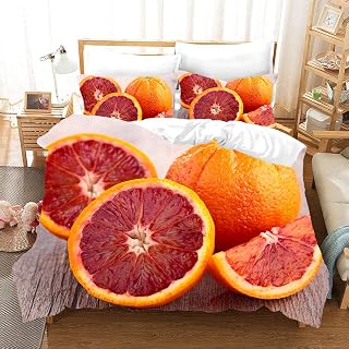 Odot Fruit Pattern Duvet Cover, Bedding Set 3 Pieces Microfiber Polyester 3D Printing 2 Pillowcases Single Double King Size Bed Girls Boys Zipper Easy Care (140×200cm,Grapefruit)