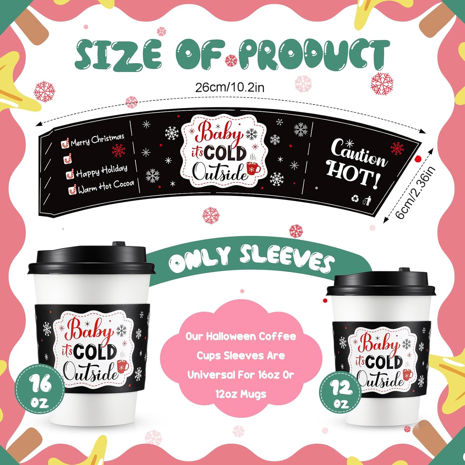 similar to photo yexiya 60 pieces christmas baby it's cold outside cup sleeves coffee tea fits 12oz 16oz disposable paper cup sleeves for hot chocolate cocoa beverage xmas party supplies(black red white)