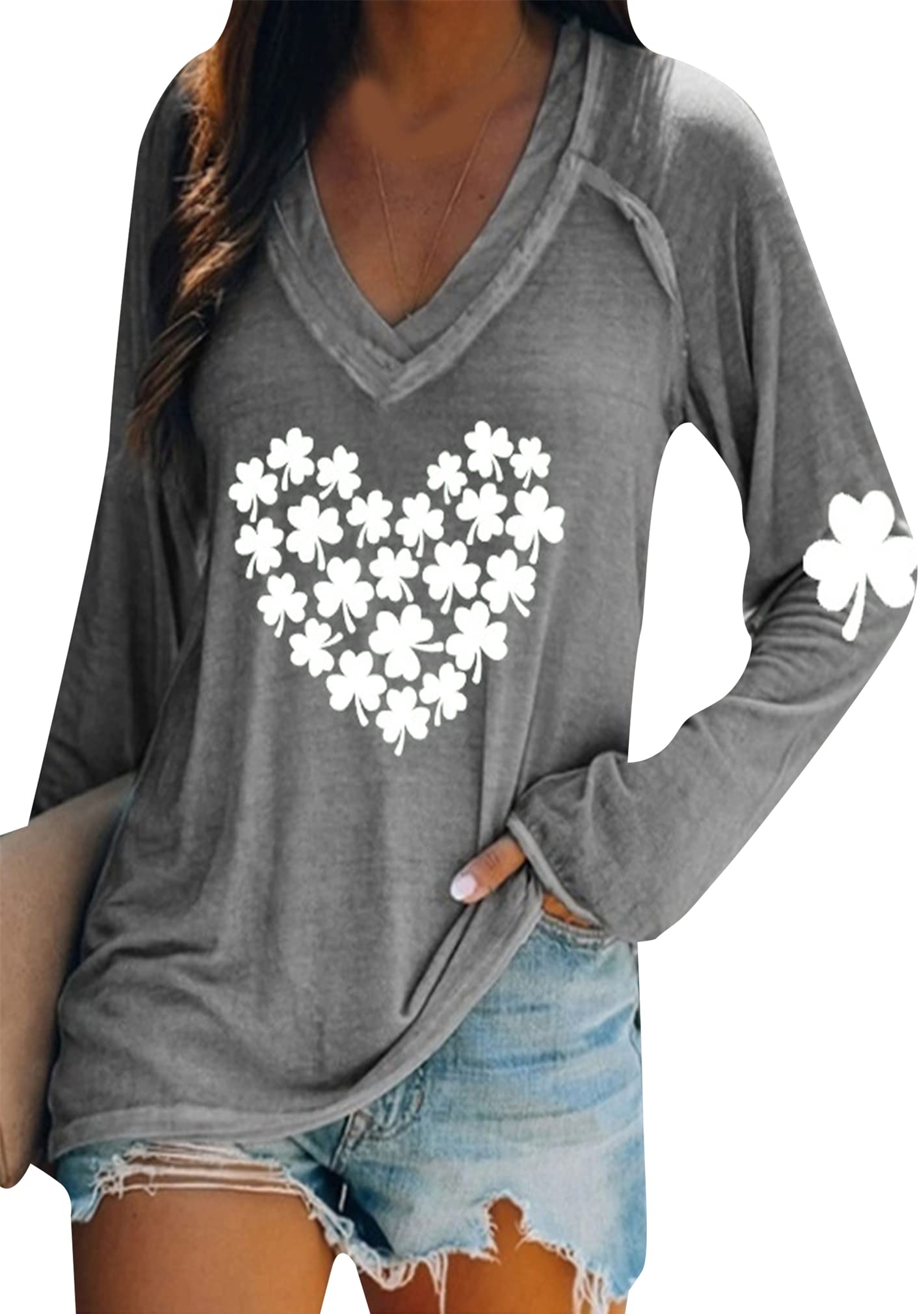 BOFETA Women St Patricks Day Sweatshirts Loose Long Sleeve Shirts Green Shamrock Print Blouse Flowy Color Block Pullover Tops