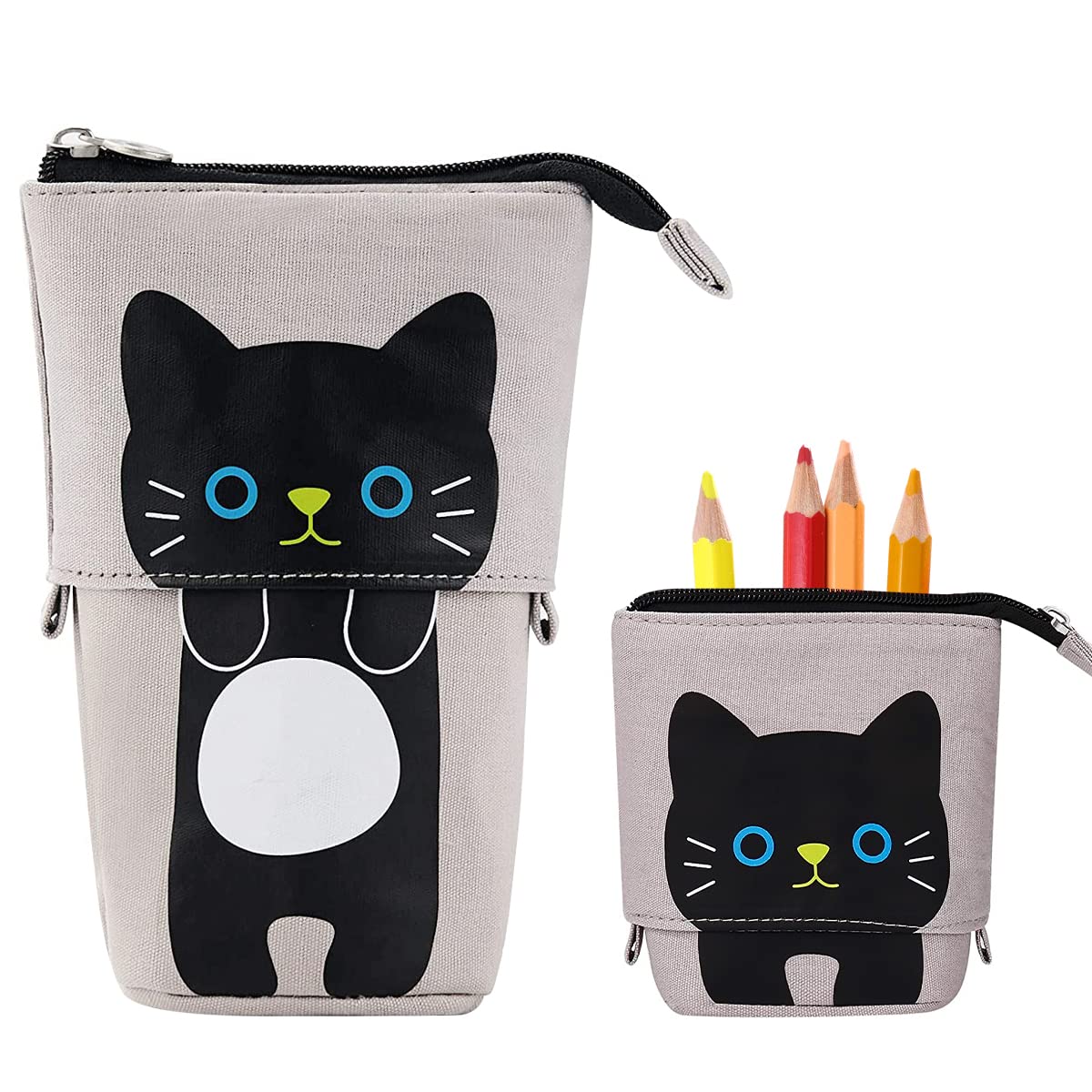 Hillylolly Estuche Gatos, Estuche Escolar, Estuche para Niñas y Adolescentes, Estuche Tela Vertical, Plegable, Gran Capacidad, Adecuado para Regalos a Estudiantes (Gris)