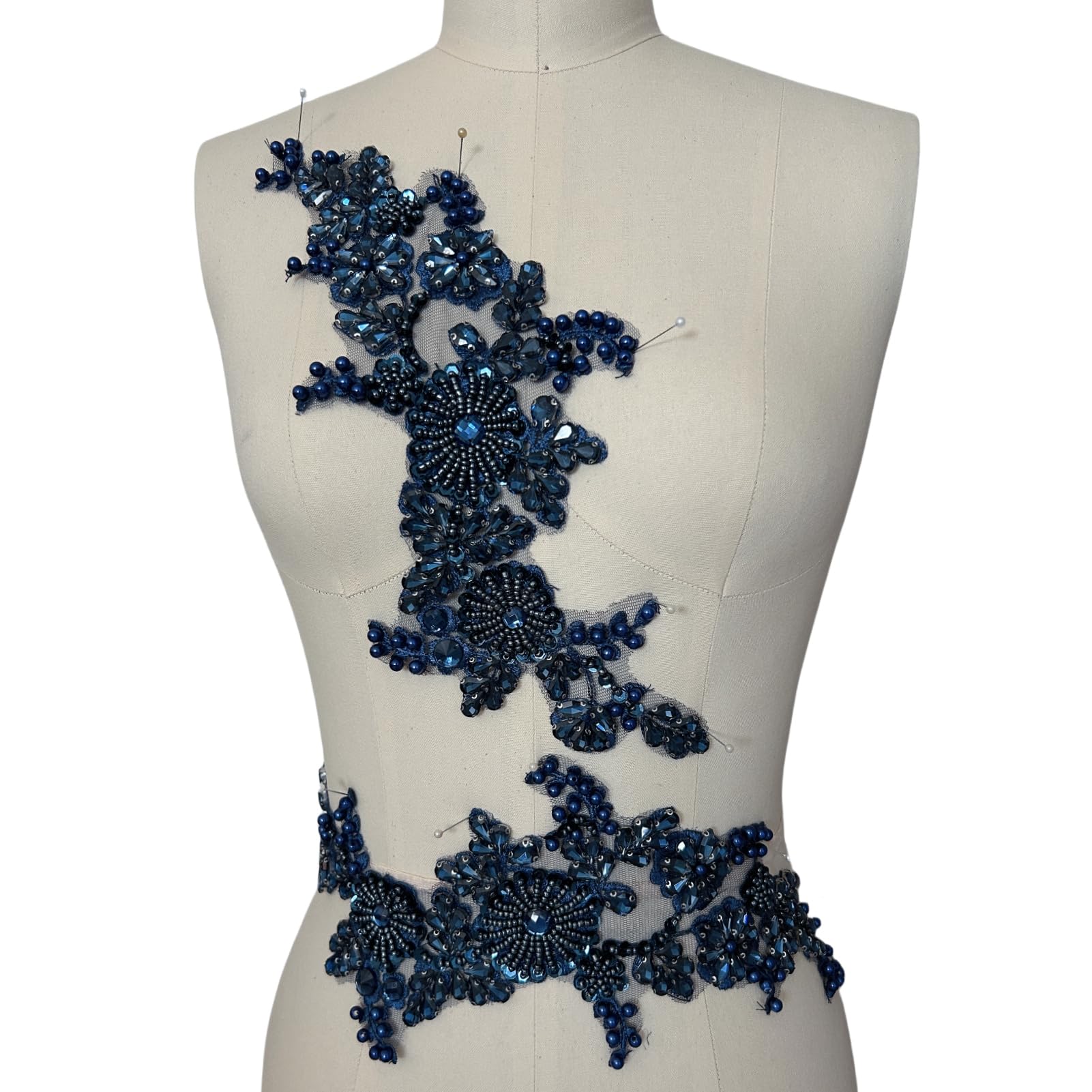 Applique en dentelle strass bleu foncé brodée main luxe pour robe de mariée et soirée