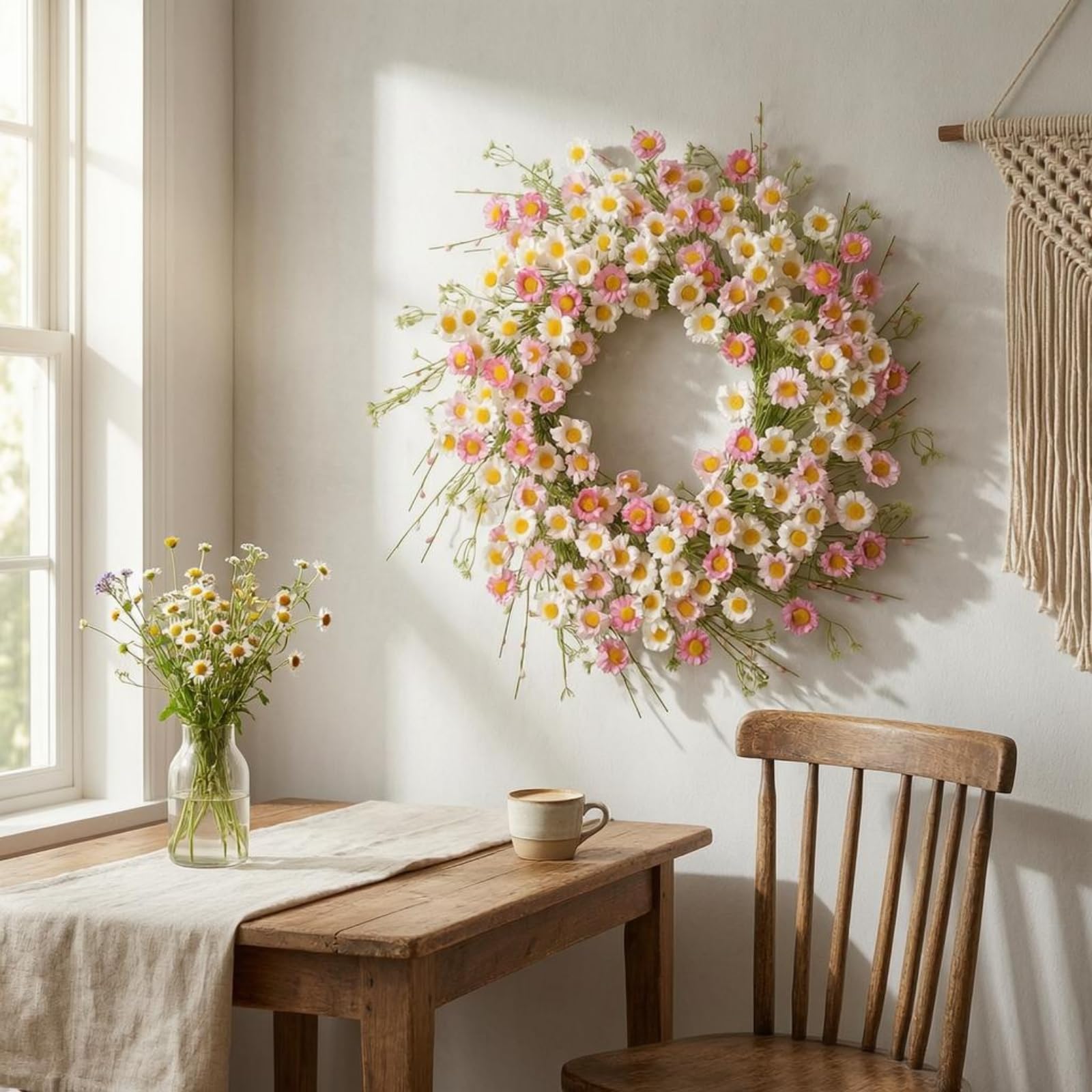 Ghirlanda Floreale Ghirlanda Porta Ghirlanda Fiorita Corona Decorativa con Fiori Artificiali in Plastica Contrasto Delicato con Centro Giallo Aspetto, Rosa, 45cm