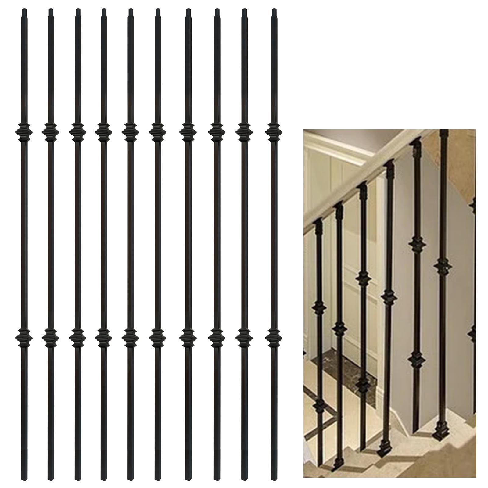 10 Pcs Wrought Iron Balusters, Hollow Double Knuckle Balusters, 1/2" x 44" Iron Baluster for Staircase Remodel, Matte Black Metal Railing