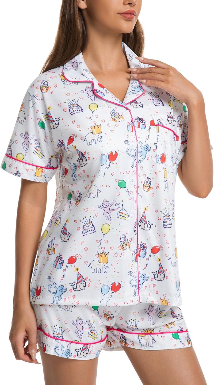 Womens Pajamas Set Button Down 2 Piece Cute Monkey Bunny Y2k Preppy Heart Pjs Sets Lounge Comfy Sleepwear - Image 3