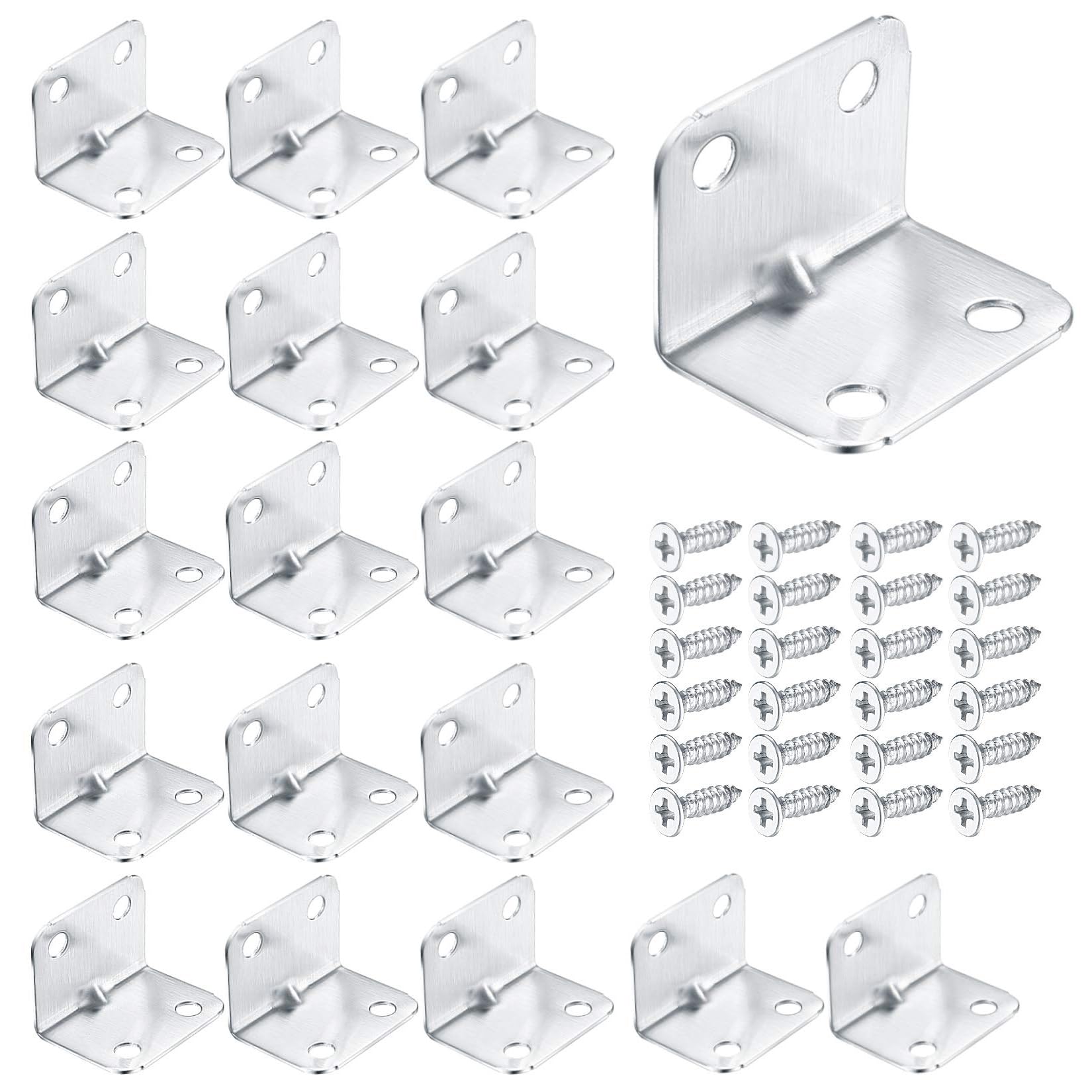 TOP-VIGOR 20Pcs Corner L Brackets for Wood 25mm x 25mm x 32mm Stainless Steel Heavy Duty 90 Degree Right Angle Shelf Brackets Supports Corner Brace with Screws