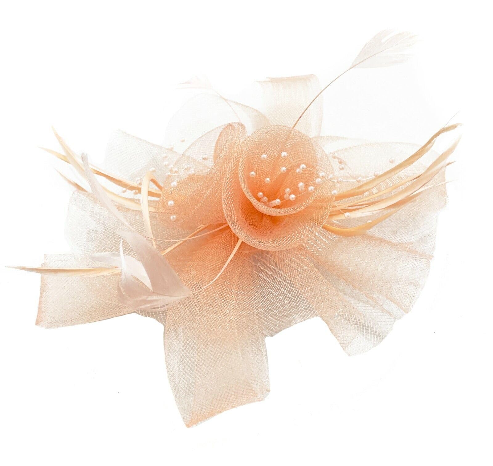 Butterfly Black Feather Wedding Ascot Fascinator on Comb Hat Hair Accessories (Peach), 22cm x 17cm