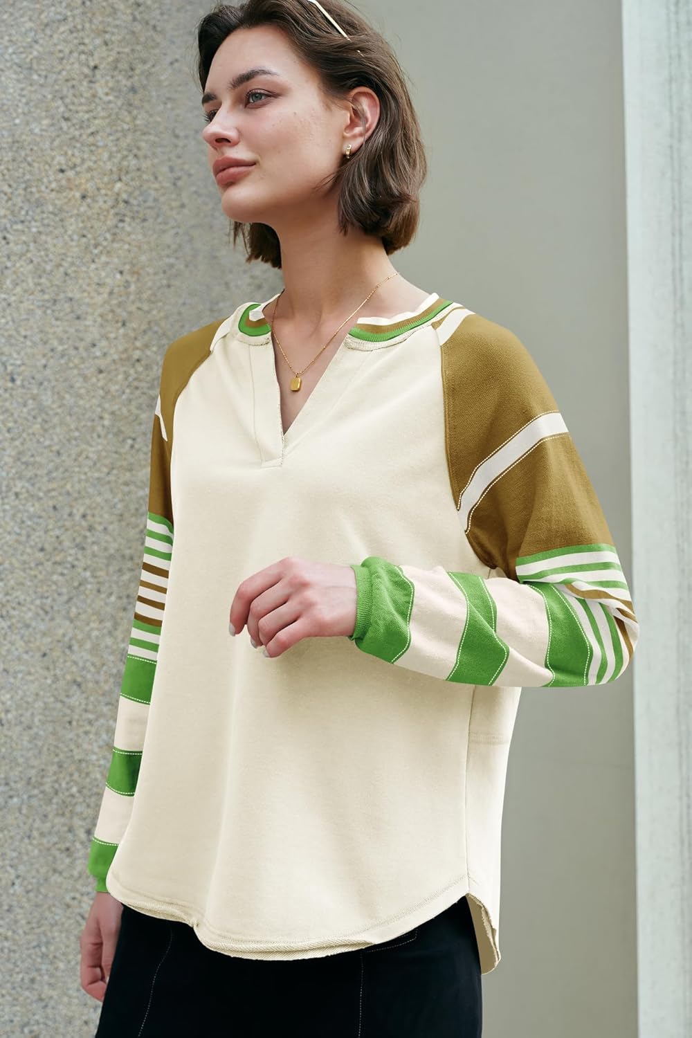 Panadila Womens Striped Long Sleeve Shirt Color Block Raglan Shirt V Neck Patchwork Pullover Tops Casual Cute Top - Image 6