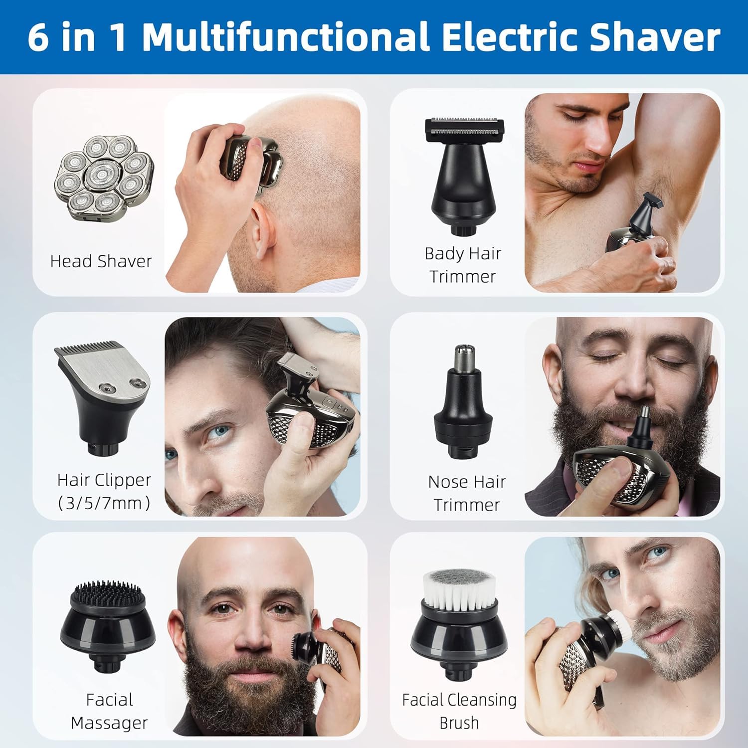 Head Shavers for Men,Upgrade 9D Electric Shavers Men 6-in-1 Bald Head Shaver,IPX6 Waterproof Shavers for Men Cordless Rechargeable Wet&Dry Rotary Razors Grooming Kit with Beard Clippers Nose Trimmer - Image 4