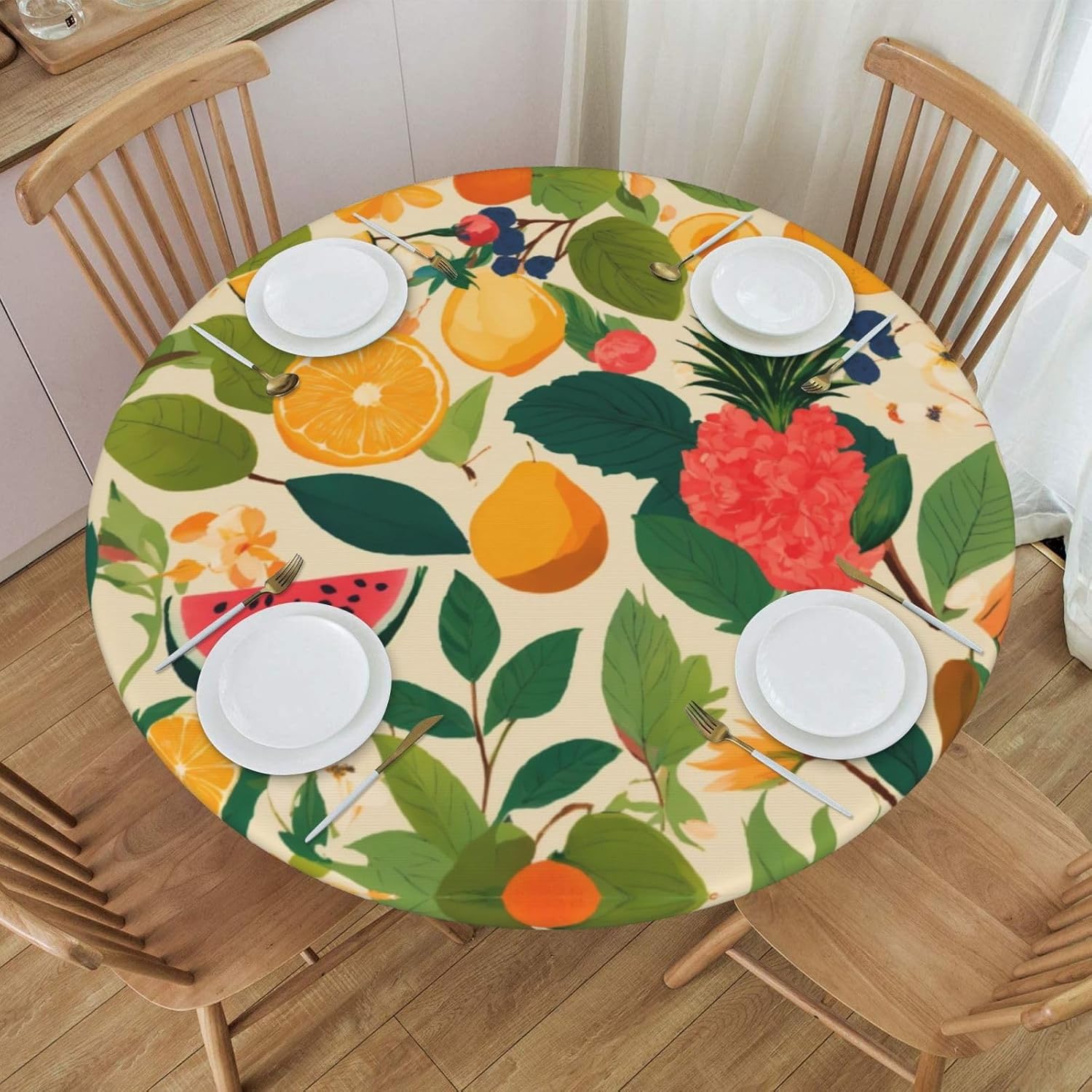 hojas tropicales y Flores Print Outdoor Patio Kitchen Decor Supplies Wipeable Round Table Cloth for Indoor Outdoor