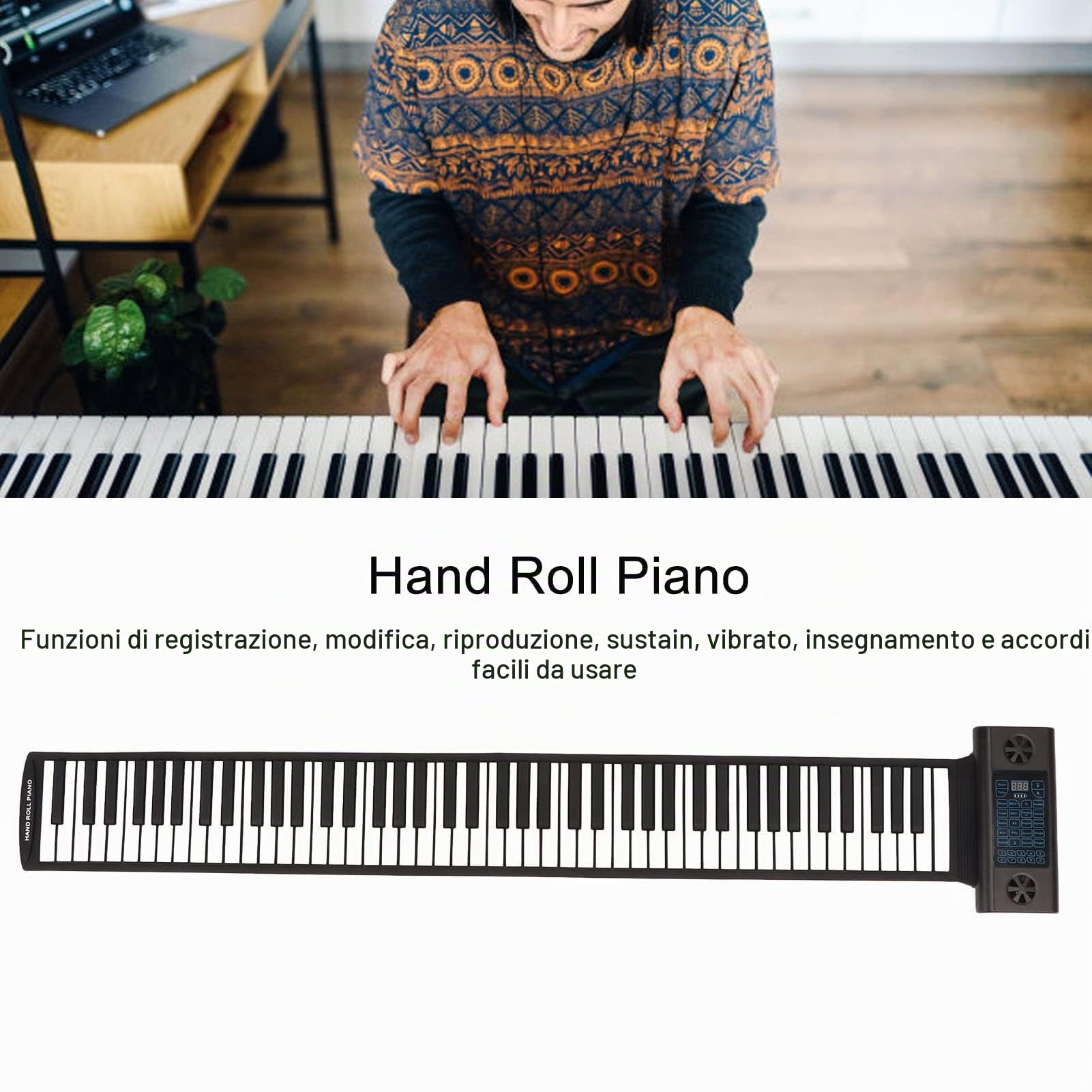 Tastiera per Pianoforte Arrotolabile a 88 Tasti, 28 Toni, 128 Ritmi, 14 Brani Dimostrativi, Display a Tubo Digitale a LED con Funzione MIDI Bluetooth, Piano Elettrico Portatile Pieghevole per(Nero)