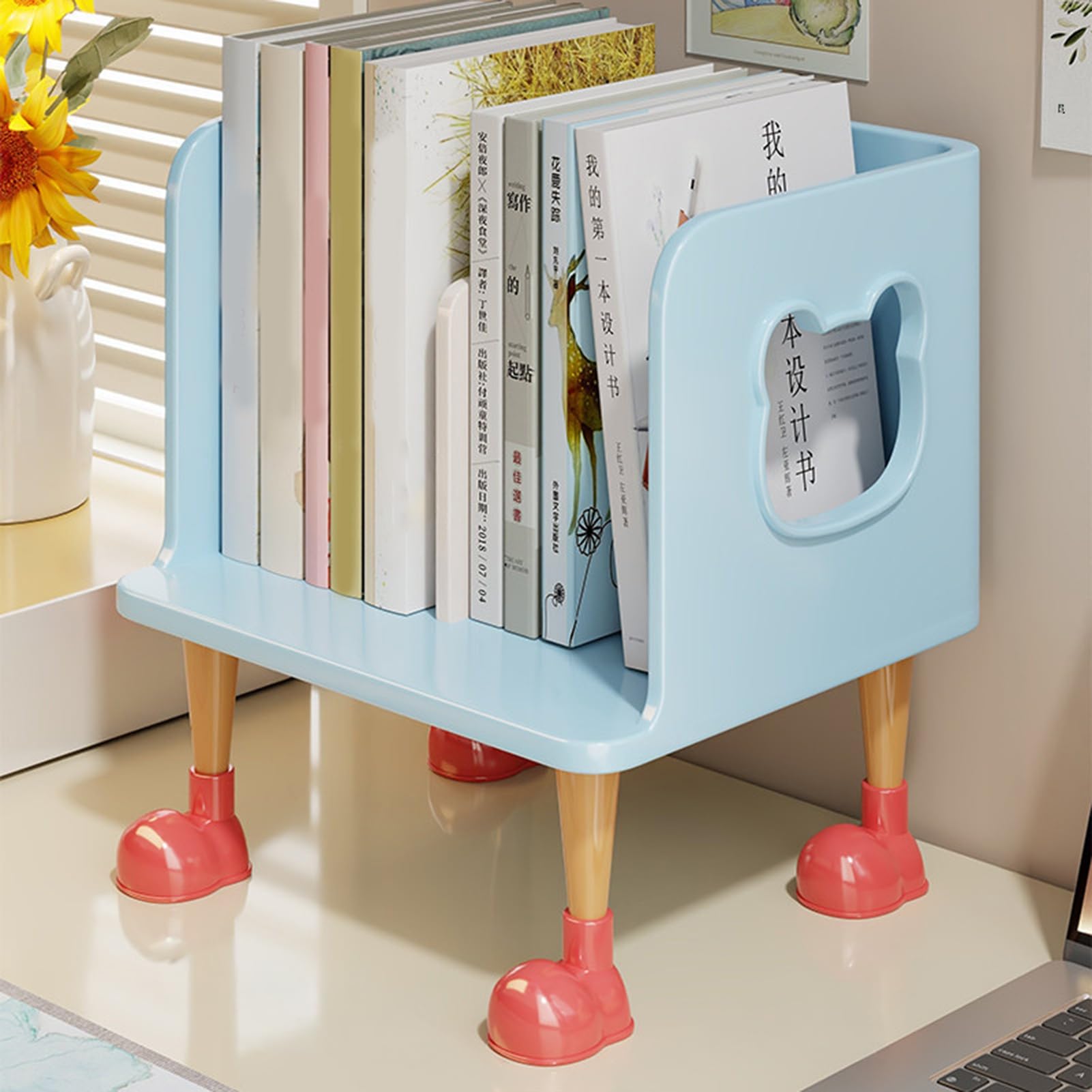 Simpatico fermalibri per scrivania – Mensola porta libri per bambini pastello con multi-scomparto, base anti-ribaltamento e design aperto, decorazione per libri di testo, quaderni e penne