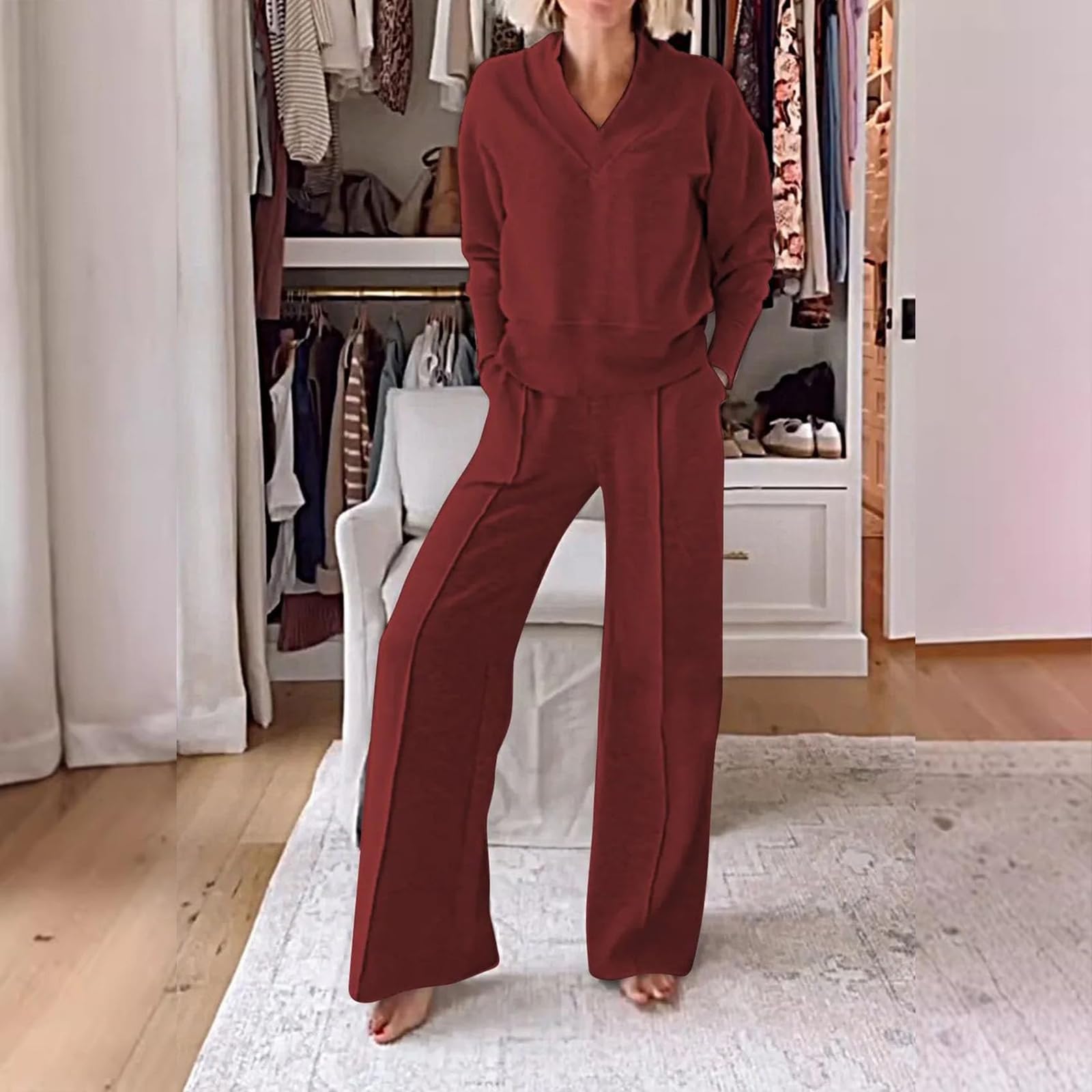Conjunto de Dos Piezas de Top y pantalón con Escote en V de Color Liso para Mujer, Conjuntos Casuales de Mujer con Pantalones Largos de Pierna Ancha, Conjunto de salón de otoño (XXL,Claret)