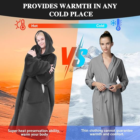 NORD ECO Wearable Blanket Hoodie, Birthday Christmas Gifts for Women Mom Girlfriend, Oversized Cozy and Giant Flannel Sherpa Hooded Sweatshirt Blanket with Hood Pockets & Sleeves, Extra-Long, Black