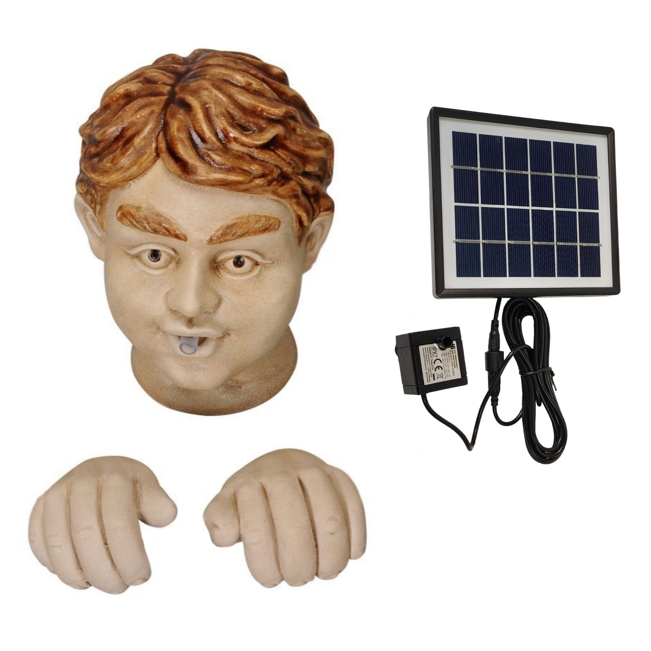 Storm's Gartenzaubereien Solar Wasserspeier Kopf mit Händen aus Keramik - 3 teiliges Set für Garten/Miniteich - Stromlos mit 3m Kabel - Handbemalte Teichfigur inkl. Solarpumpe