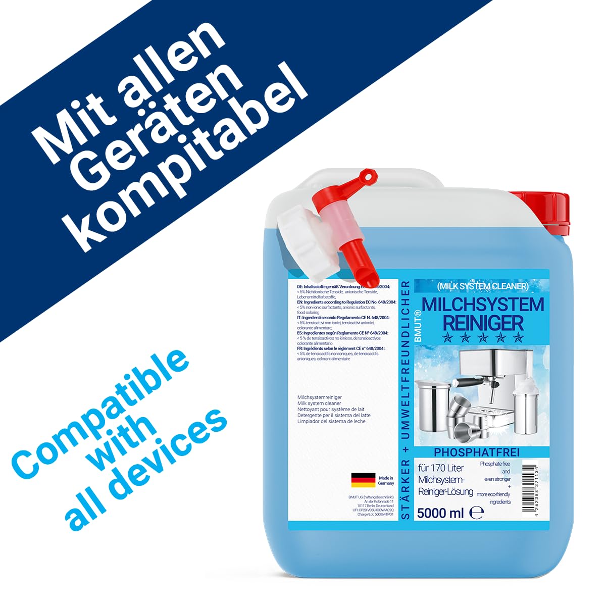 Bidon de 5 litres de nettoyant pour système de lait | Concentré pour machine à café automatique + bec verseur | Nettoyant pour mousse de lait | Nettoyant universel pour tous les fabricants