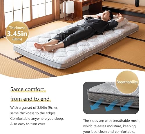 Miniatura 5 de EMOOR Colchón de futón acolchado japonés DONSU Full Gris claro, patrón tradicional plegable piso cama de invitados Tatami