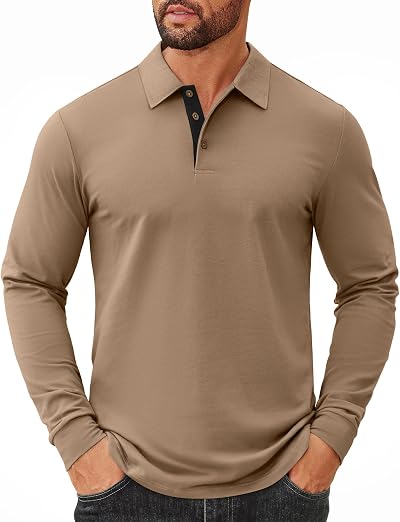 COOFANDY Mens Long Sleeve Polo Shirts Cotton Collared Shirts Casual Business Polo Classic Golf T Shirts