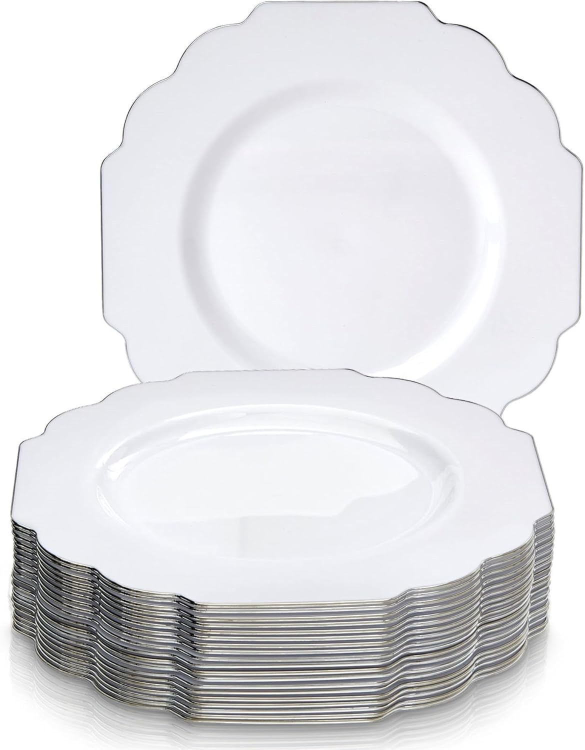 Baroque Collection Plastic Plates with Silver Scalloped Rim - (Pack of 10) - Perfect for Weddings, & Special Events (White, Salad Plates)