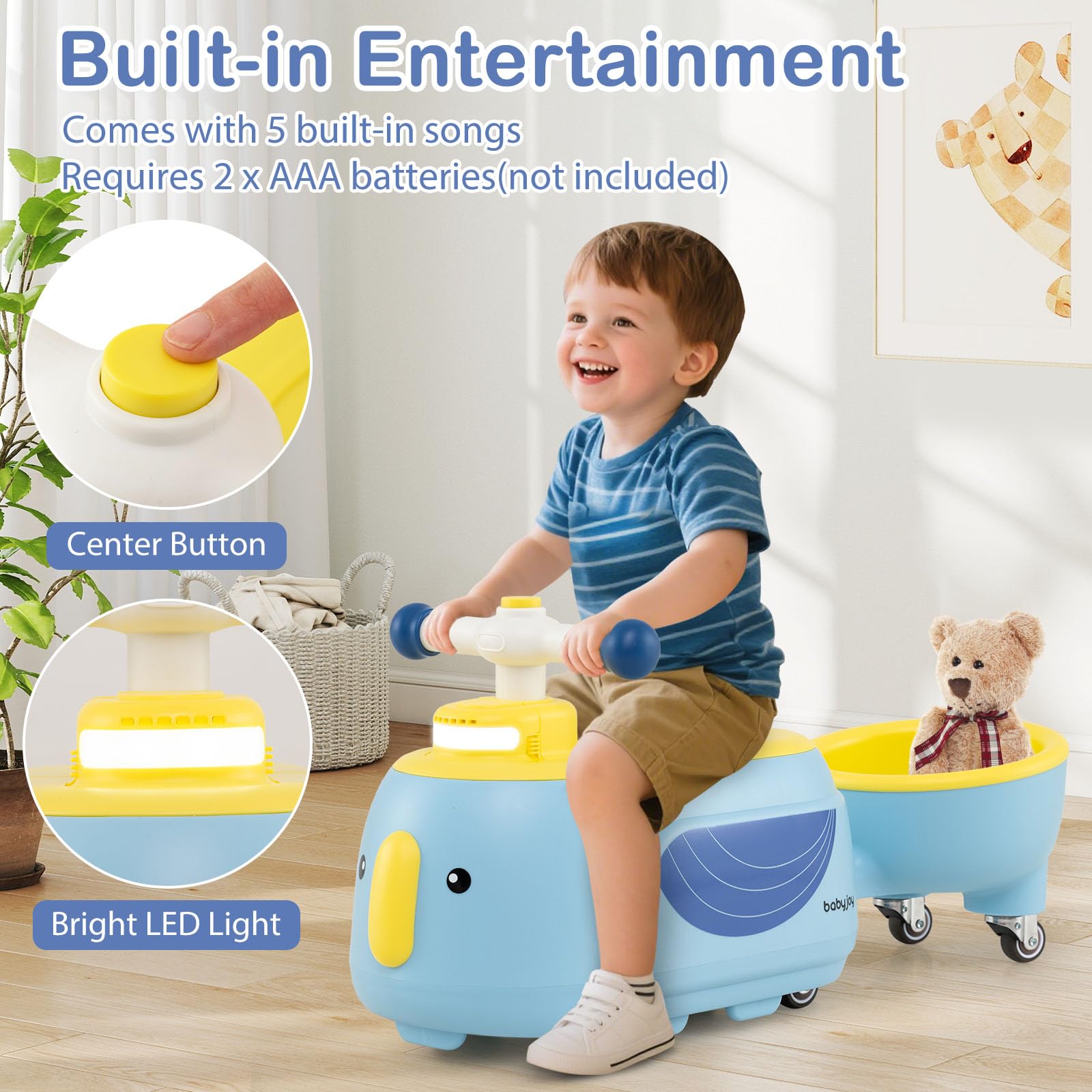 DREAMADE 2 en 1 Porteur Enfants, Voiture à Jouer pour Tout-Petits avec Remorque Amovible, Espace de Rangement, Lumière LED, 5 Sons Musicaux, Roues Lisses (Bleu)