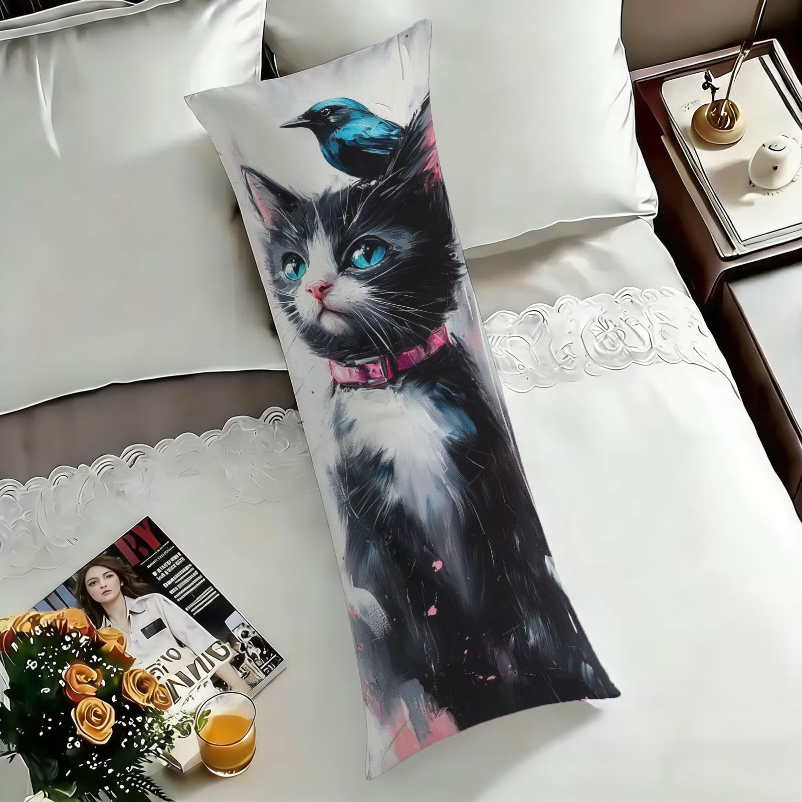 U00-814 Czarne poszewki na poduszki o wymiarach 60 x 180 cm, zwierzę, miękkie, aksamitne, prostokątne, dekoracyjne poszewki na poduszki, dwustronny nadruk, ukryty zamek błyskawiczny, na sofę, łóżko