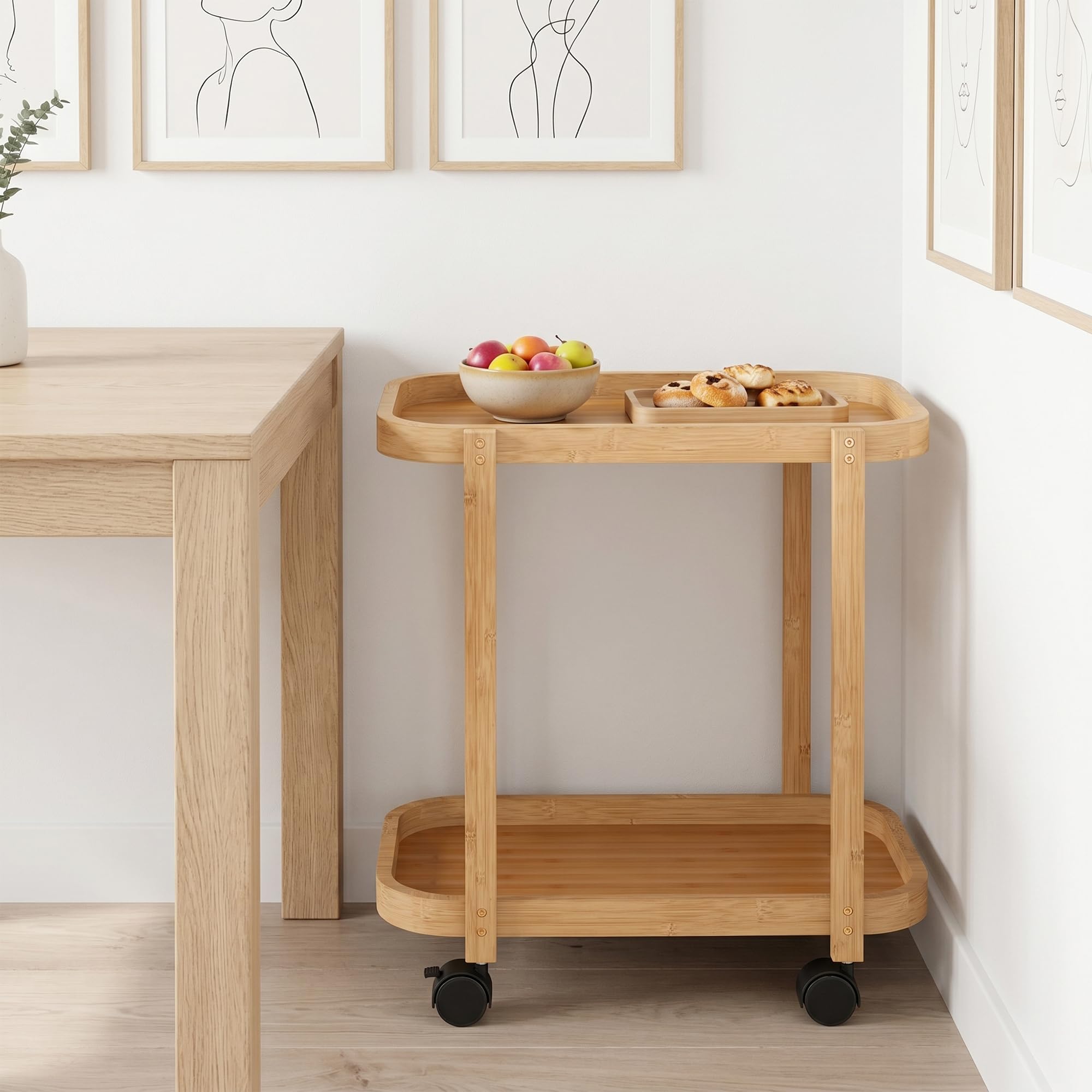 HOMCOM Carrito de Cocina de Bambú de 2 Niveles 54x36,5x60 cm Natural | Carrito Auxiliar de Cocina con Ruedas, 2 Estantes Abiertos, Diseño Curvo, para Comedor